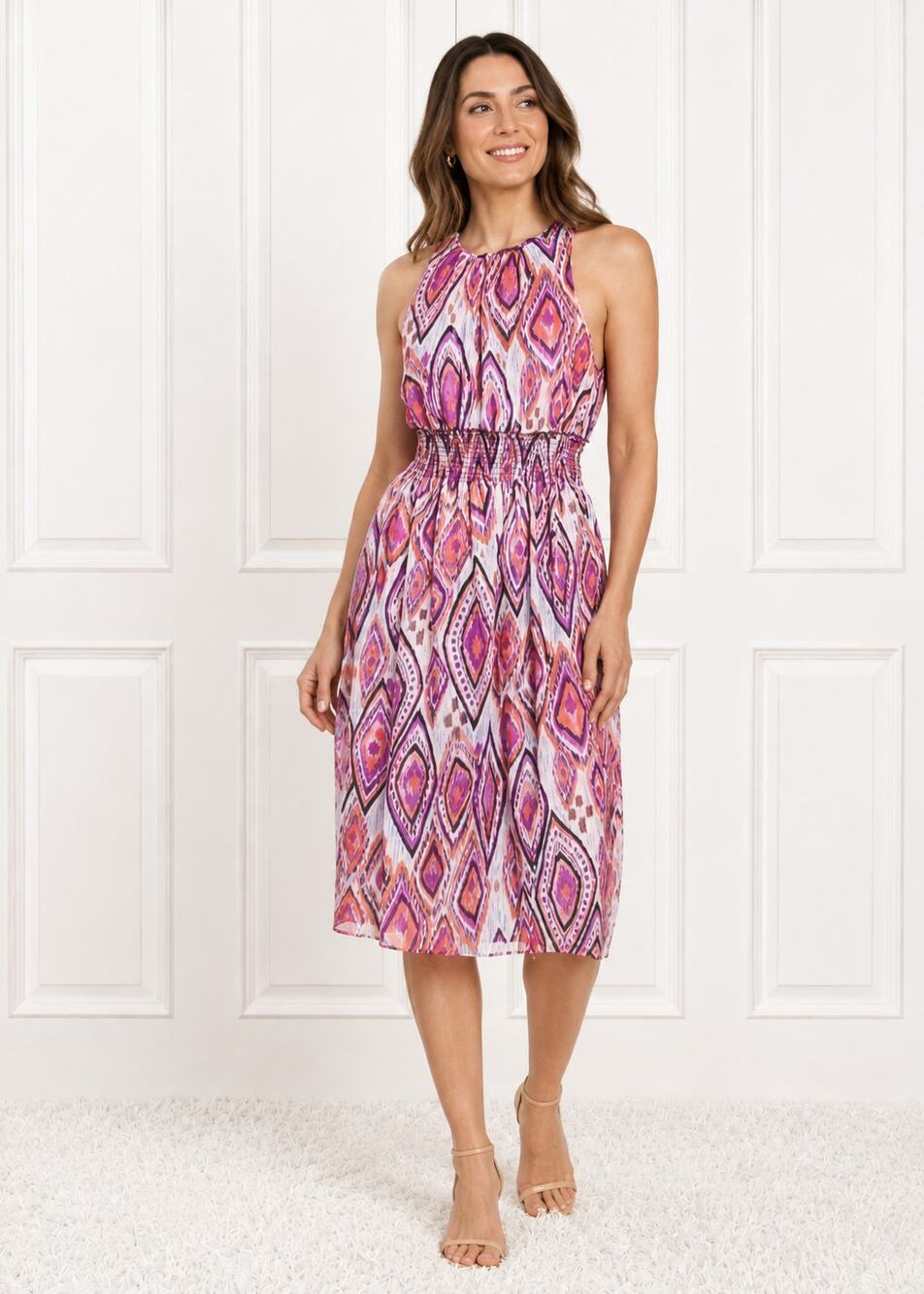 NWT Trina Turk Smocked Waist Halter Multicolor Pink Dress